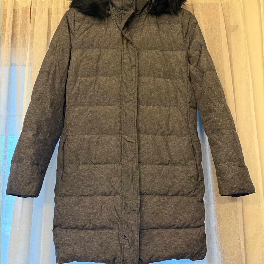 Lands' End Charcoal Puffer Jacket with Black Faux Fur